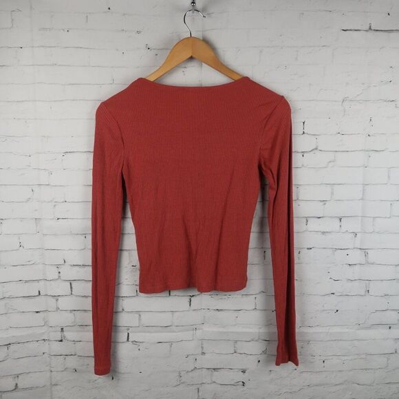 PRIMARK TERRA COTTA ORANGE LONG SLEEVE SCOOP NECK RIBBED CROPPED TOP SIZE XS - Picture 7 of 7